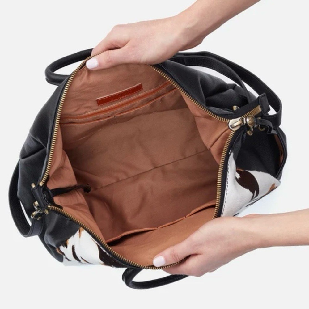 Hobo Sheila Large Cow Print Hair-On Leather‎ Satchel Crossbody, Brown/Black NWT - Picture 4 of 9
